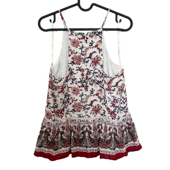 JOA Red Boho Print Pleated High Neck Lace Inset Blouse Size Small - Picture 2 of 9